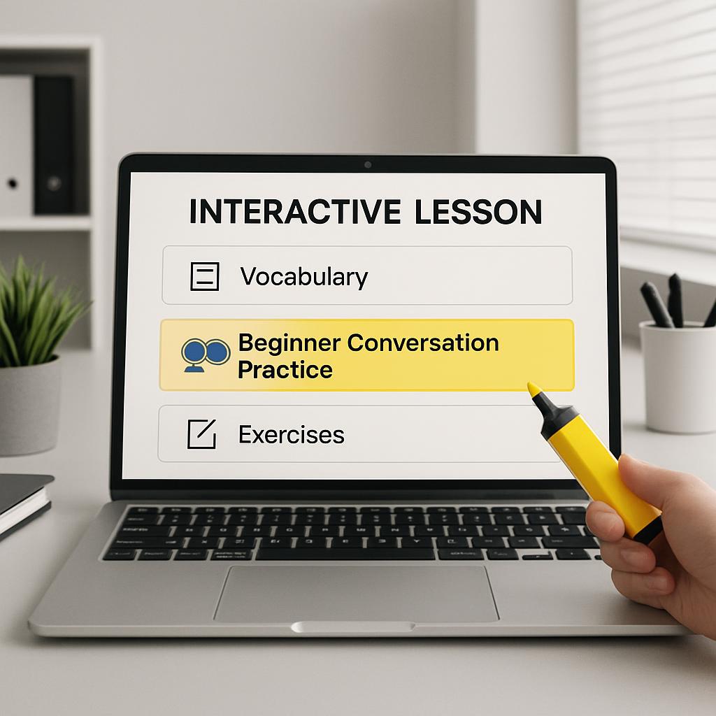 Black text on computer screen and yellow text box with icon over keyboard: interactive lesson options including Vocabulary...