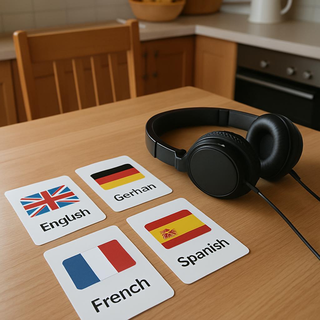 A collection of cards featuring the flags and words for each language, alongside a pair of black headphones, arranged on a...